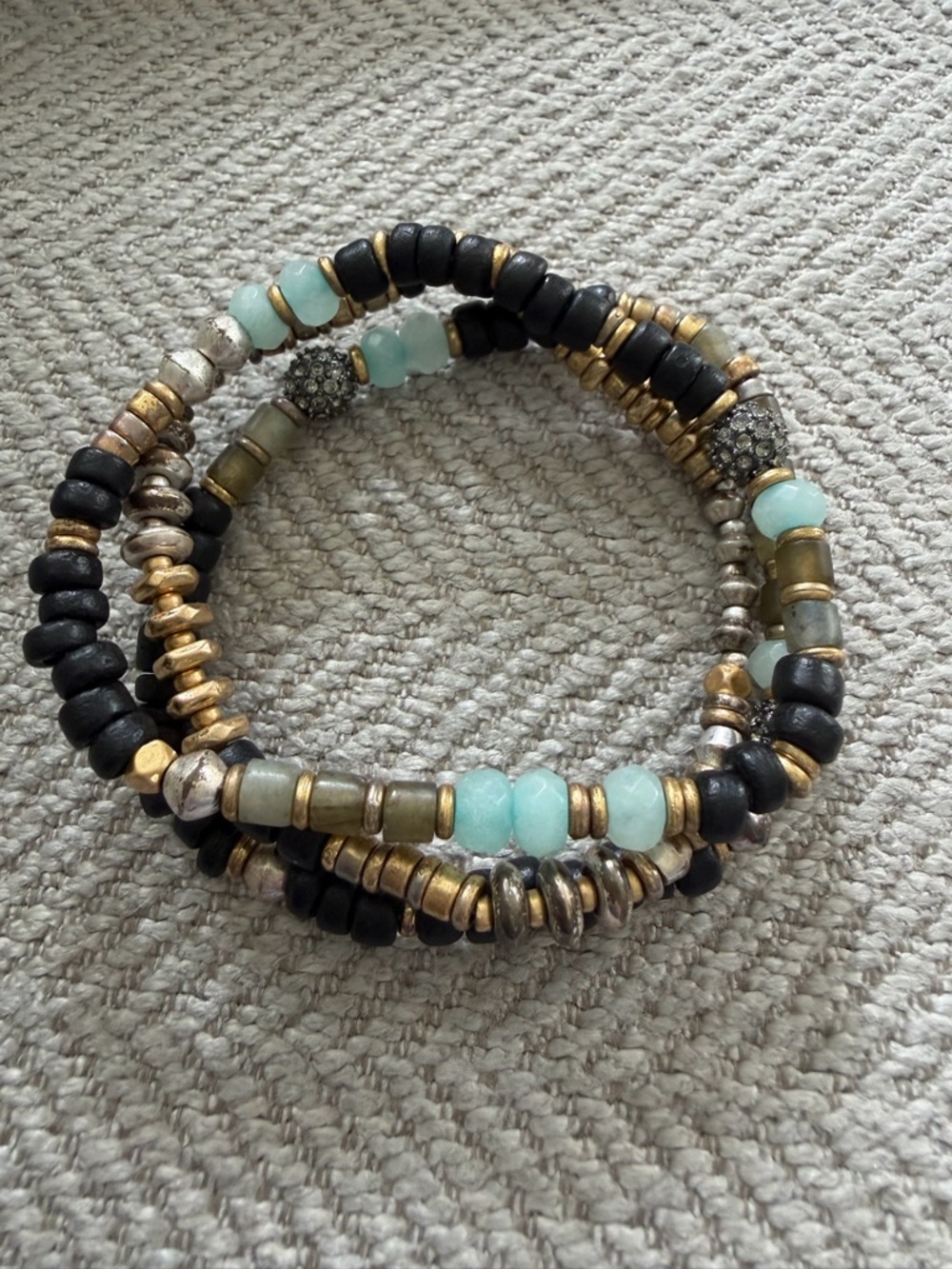 Stella & Dot Aqua, Black & Gold Stackable Bead Bracelets
